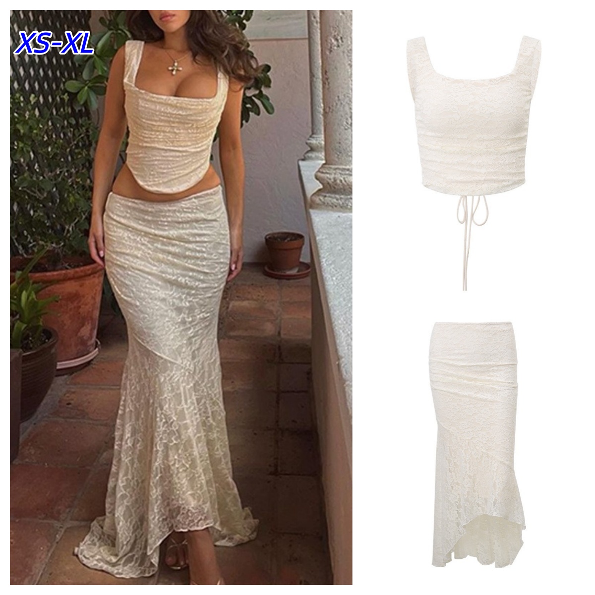 Women Formal Wear For Summer - ชุดเซ็กซี่วินเทจลูกไม้สีขาวแบบสองชิ้น ปี 2026 เสื้อเปิดหลัง กระโปรงยาวระบาย ชุดผู้หญิงสำหรับงานเลี้ยงตอนเย็นสุดหรู