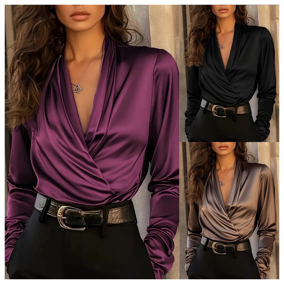 Women Formal Wear Business - เสื้อผู้หญิงผ้าซาติน คอวี แขนยาว สไตล์หรูหรา ผ้าเนียน สำหรับใส่ทำงานในออฟฟิศ