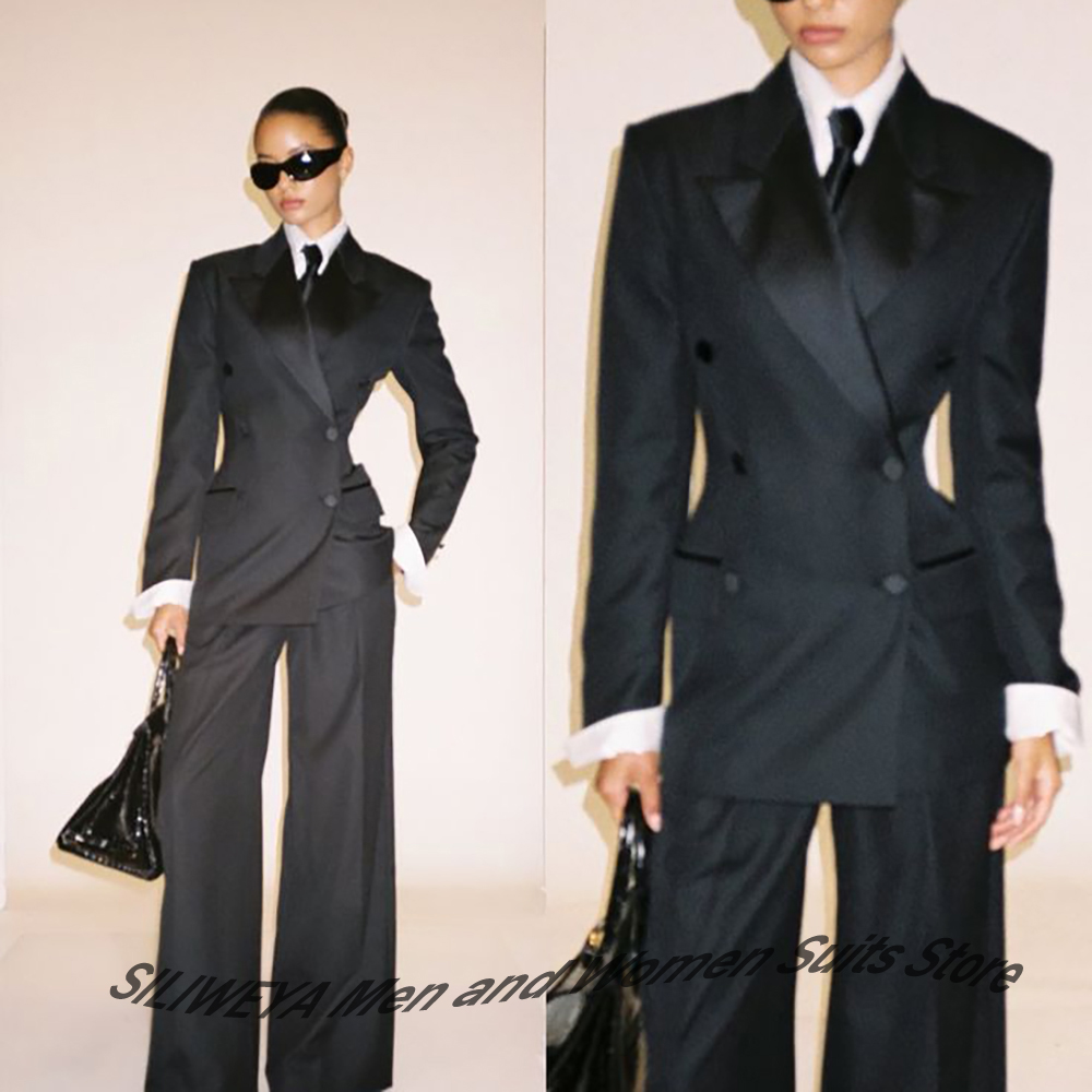 Women Formal Wear Office - ชุดสูทผู้หญิงสีดำแบบกระดุมสองแถว ทรงเข้ารูป แจ็คเก็ต+กางเกง ชุดทักซิโด้สำหรับงานทางการ ชุดทำงานสุภาพสตรี ชุดออกงานกลางคืน