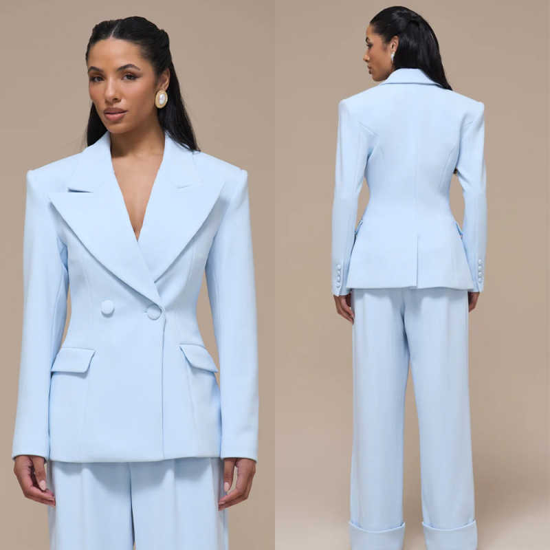 Women Formal Wear Business - ชุดสูทผู้หญิงสำหรับฤดูใบไม้ผลิและฤดูใบไม้ร่วง 2 ชิ้น เสื้อเบลเซอร์และกางเกง กระดุมสองแถว สำหรับโอกาสทางการ