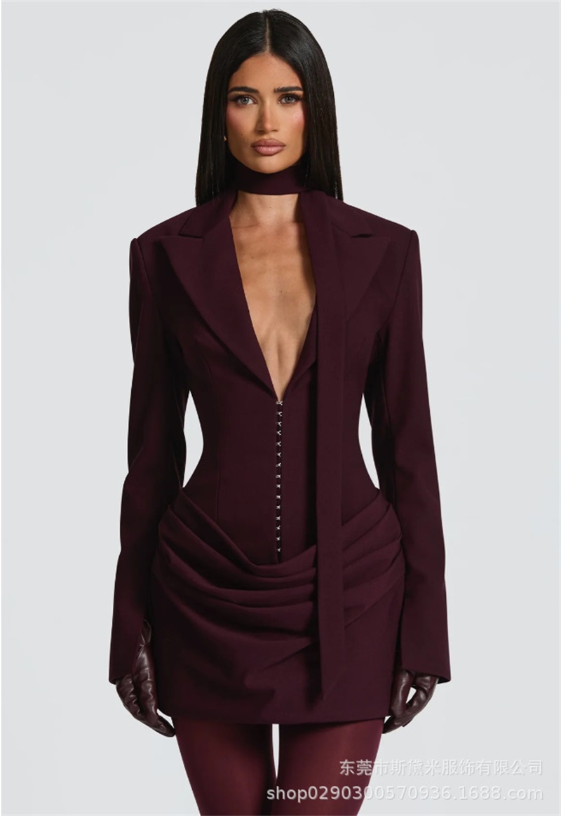 Formal Wear Gowns For Women - เสื้อคลุมสูทผู้หญิงแบบชิ้นเดียว ผ้าคลุมไหล่ยาว แต่งระบายช่วงคอวีเซ็กซี่ พร้อมแถบลายทางด้านหลัง ชุดเดรสสั้นสำหรับงานปาร์ตี้ ชุดทำงานสุภาพสำหรับสุภาพสตรี