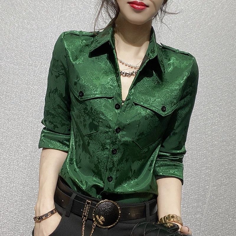 Women Formal Wear Office - หญิงเสื้อฤดูใบไม้ผลิและฤดูใบไม้ร่วงแขนยาวผู้หญิงเสื้อชุดสํานักงานสวมใส่ทํางานปุ่มอย่างเป็นทางการหลวมสีเขียว XL