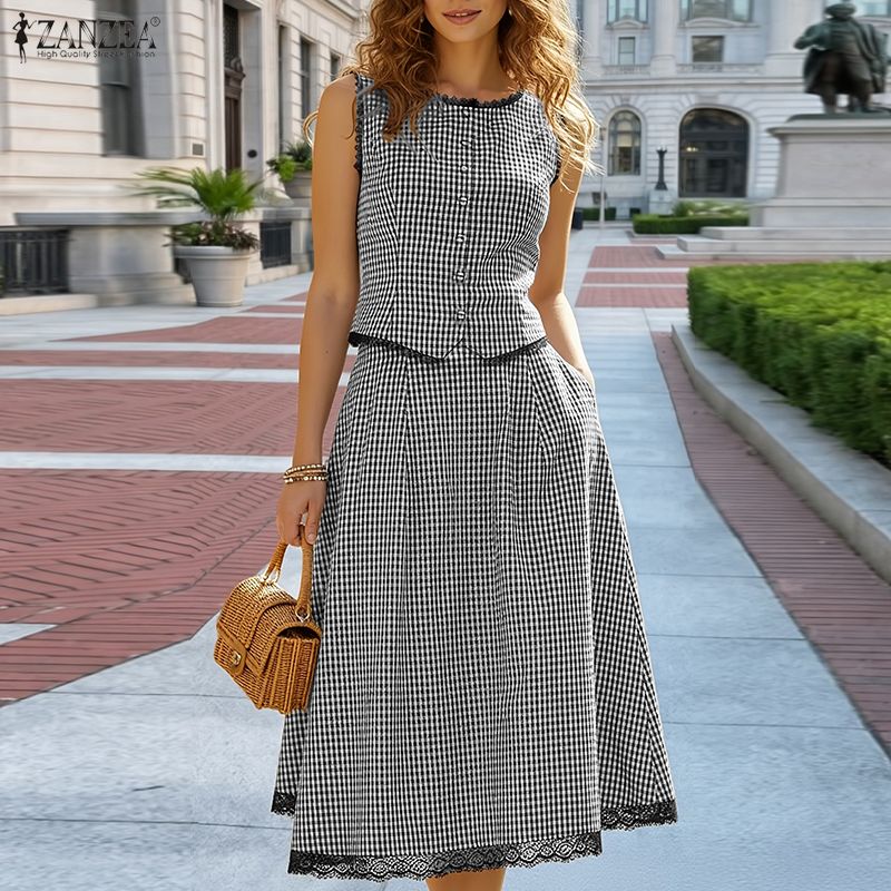 Women Formal Wear For Summer - ชุดเซ็ท 2 ชิ้นสำหรับผู้หญิงสุดหรู ZANZEA ชุดฤดูร้อน เสื้อกั๊กแขนกุดลายสก็อตเย็บต่อกัน
