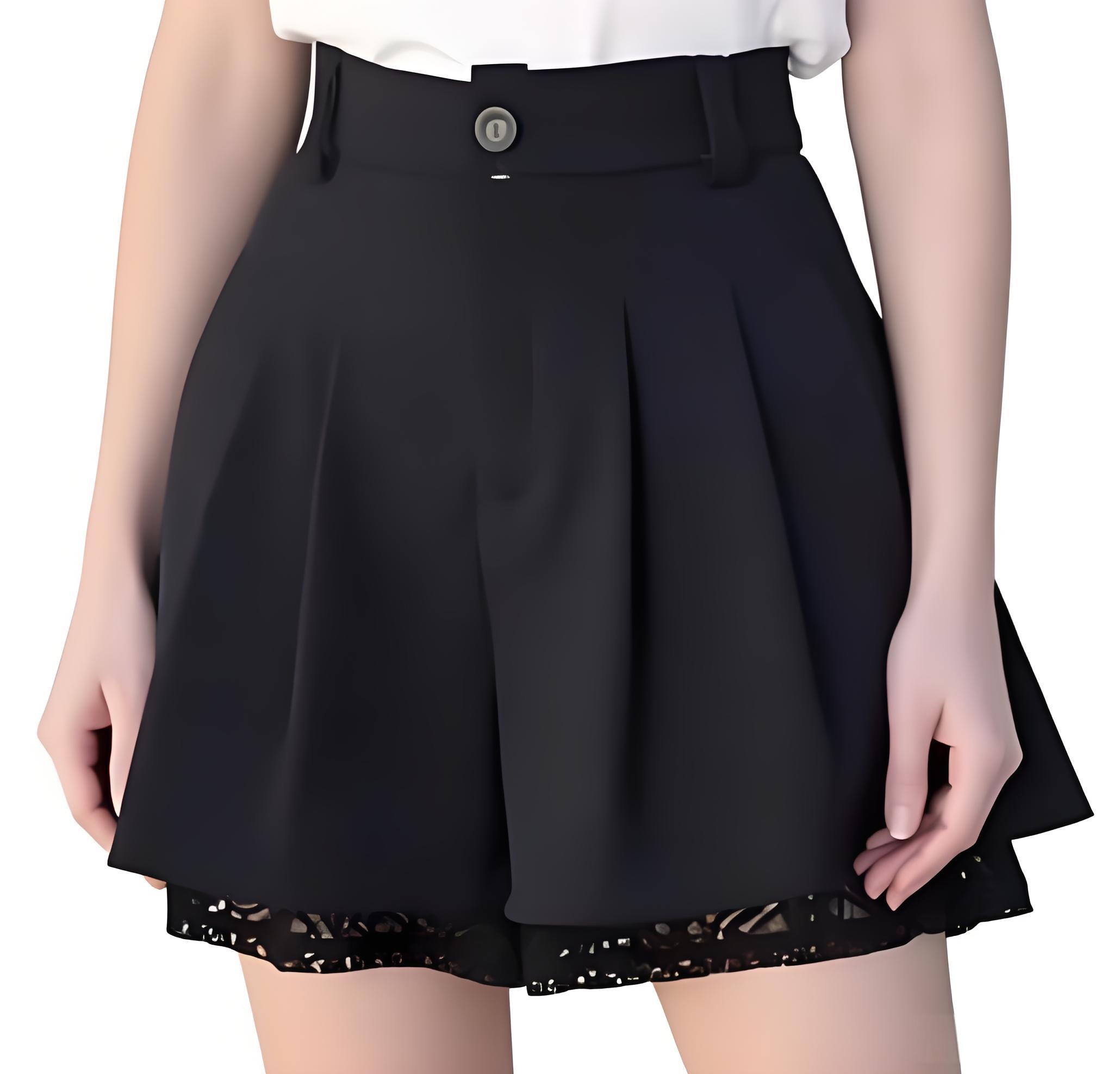 Women Formal Wear Office - กางเกงขาสั้นทรงคูลอตเอวสูงสำหรับผู้หญิง สไตล์ลำลอง แต่งระบายจีบ ขากว้าง แต่งขอบลูกไม้ลายดอกไม้ เหมาะสำหรับใส่ทำงานประจำวัน