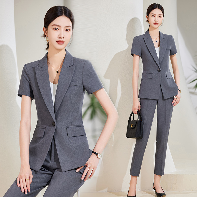 Women Formal Wear Store - ชุดสูทแขนสั้นสีน้ำเงินกรมท่าสำหรับผู้หญิง เสื้อเบลเซอร์บางสำหรับฤดูร้อน ชุดทำงานสำหรับฤดูร้อน งานโรงแรมและร้านขายเครื่องประดับ