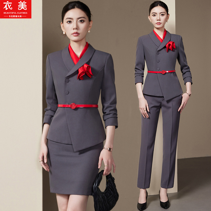 Women Formal Wear Store - ชุดสูทผู้หญิงสีเทา รุ่นใหม่ปี 2025 แฟชั่นแขนยาว ชุดทำงานสำหรับพนักงานร้านขายเครื่องประดับ พนักงานต้อนรับ