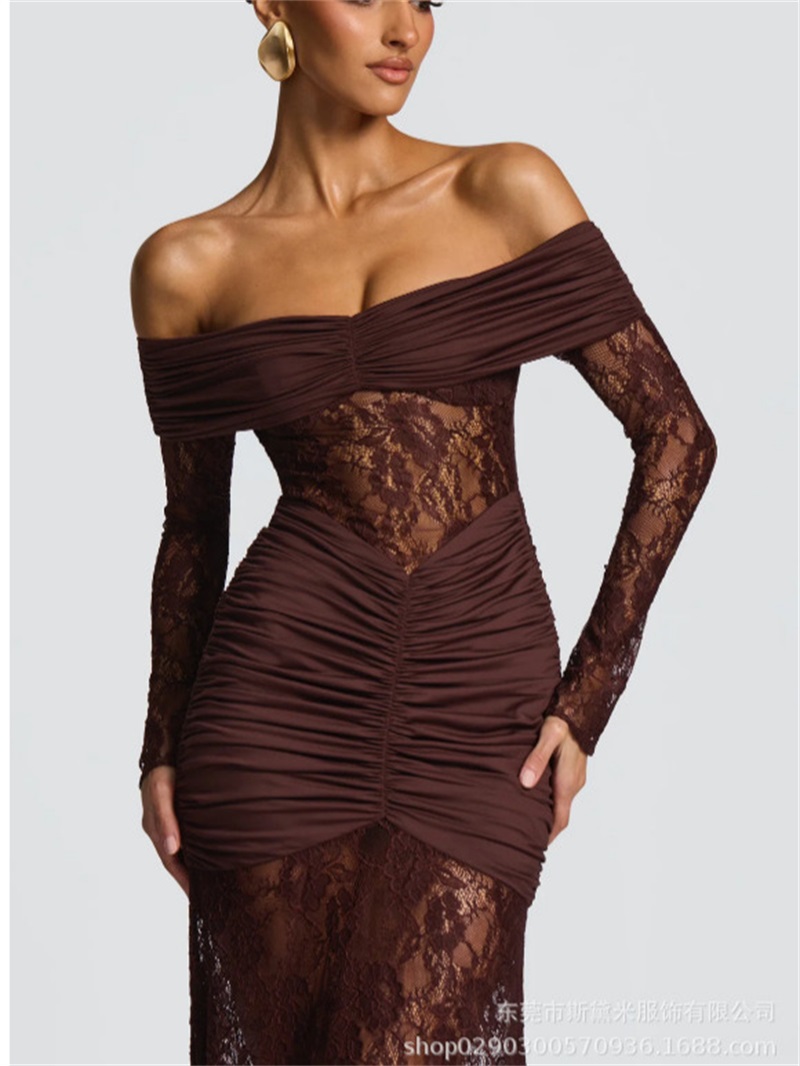 Formal Wear Gowns For Women - เซ็กซี่ลูกไม้ Mermaid ผู้หญิงชุดราตรีเซ็กซี่ปิดไหล่แขนยาวชุดพรรคยาว Robe Casual Beach