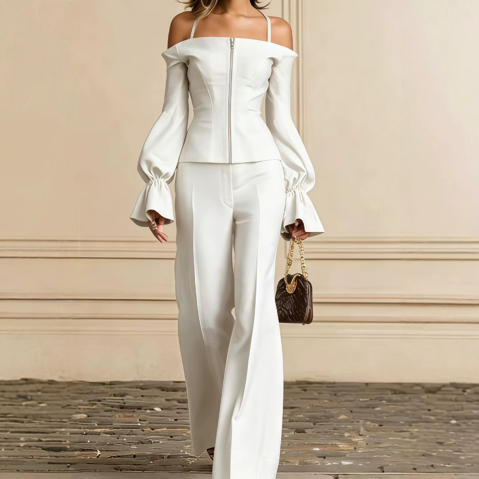 Formal Attire Woman - ชุดกางเกง 2 ชิ้นสำหรับผู้หญิง เสื้อสายเดี่ยวสีพื้น แขนทรงโคม ซิป