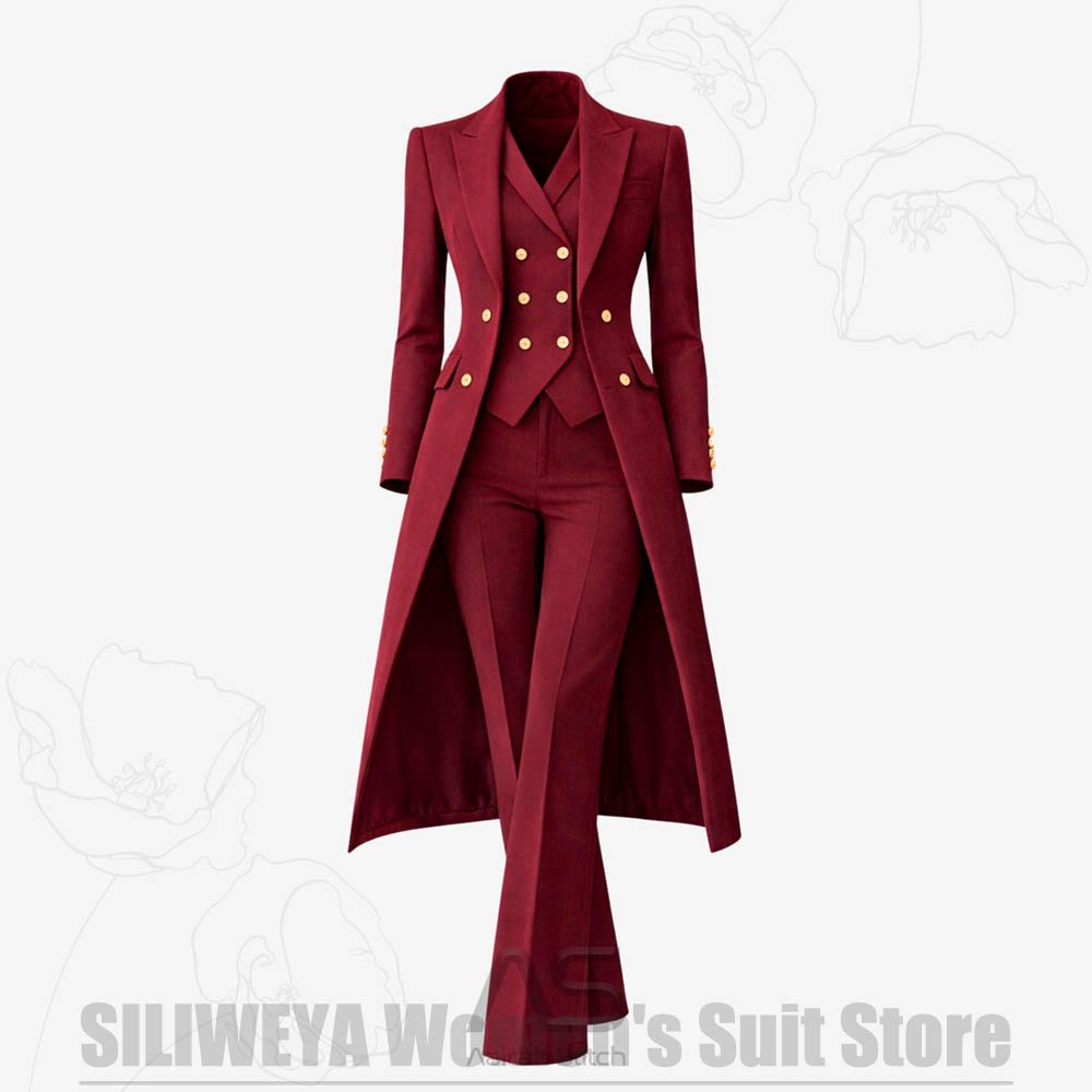 Women Formal Wear Office - ชุดสูทผู้หญิง 3 ชิ้น แบบกระดุมสองแถว เสื้อโค้ทยาว เสื้อกั๊ก