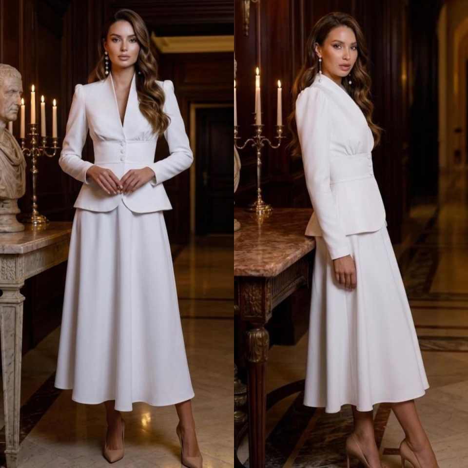 Women Formal Wear Business - ชุดสูทผู้หญิงสองชิ้นสุดหรู พร้อมเสื้อเบลเซอร์ปกแหลมและกระโปรงทรงบานยาวปานกลาง เหมาะสำหรับงานทางการ งานโบสถ์ หรือธุรกิจ ชุดเดรสสำหรับงานเลี้ยง