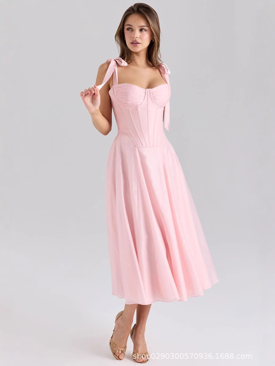 Women'S Holiday Formal Wear - เซ็กซี่สีชมพูผู้หญิงพรหมชุดสายคล้องคอสายกระโปรงเจ้าหญิง Ruffles Party Robes Casual อย่างเป็นทางการวันหยุดชุดราตรี
