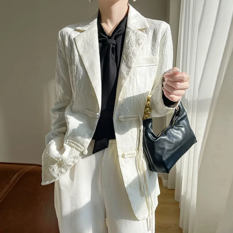 Women Formal Wear Office - เสื้อแจ็คเก็ตเบลเซอร์สีขาวสำหรับผู้หญิง ปกแบบมีรอยบาก กระดุมแถวเดียว เหมาะสำหรับใส่ทำงานในออฟฟิศ