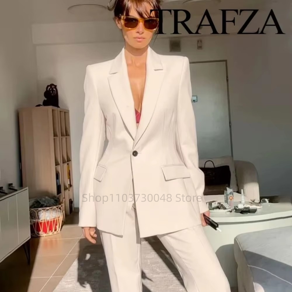 Women Formal Wear Office - แฟชั่นชุดสูทสตรีสำหรับออฟฟิศ เสื้อเบลเซอร์และกางเกงขายาว สีขาว/แดง ชุดทำงานสำหรับผู้หญิง ชุดทำงาน 2
