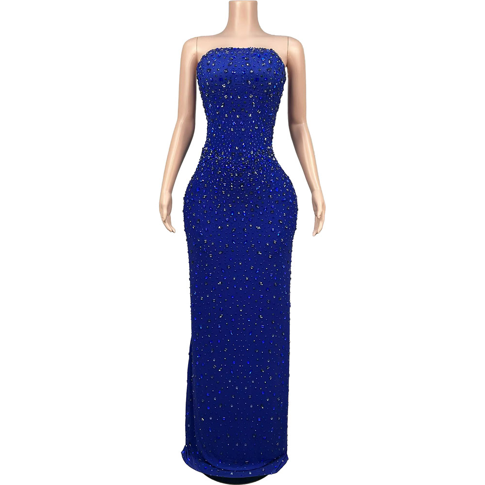 Formal Wear Gowns For Women - ชุดราตรีเกาะอกสีน้ำเงินประดับคริสตัลหรูหรา สำหรับงานกาล่า งานพรอม พรมแดง ชุดออกงานหรูหรา คริสตัล